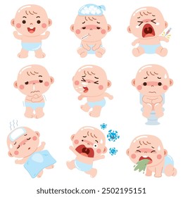 Sick Baby with Different Illness Symptoms in Cartoon Style