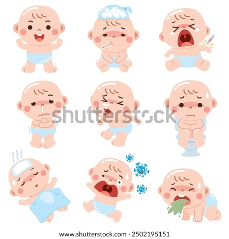 Sick Baby with Different Illness Symptoms in Cartoon Style