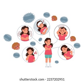 Sick Baby Girl Character with Monkeypox Virus Symptoms. Child with Fever, Rash, Headache, Muscle Pain or Backache. Diseased Kid with Monkey Pox Disease Infographics. Cartoon People Vector Illustration