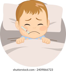 Sick baby on bed burning with fever vector cartoon character illustration. Little boy being feverish and sad from viral infection