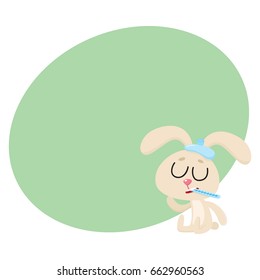 Sick baby rabbit having cold, flu, sitting with ice pack and thermometer, cartoon vector illustration with space for text. Sick little rabbit with ice pack and thermometer, having flu, fever