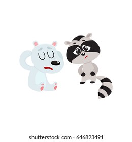 Sick baby raccoon and polar bear having headache, suffering from stomach ache, cartoon vector illustration isolated on white background. Sick little raccoon and bear having stomach pain, head ache