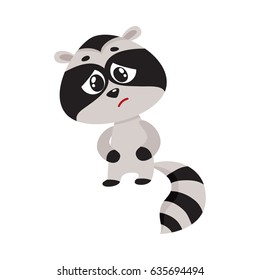 Sick baby raccoon standing paws on stomach, having colic, cramps, abdominal pain, cartoon vector illustration isolated on white background. Sick little raccoon having stomach ache, cramps, colic