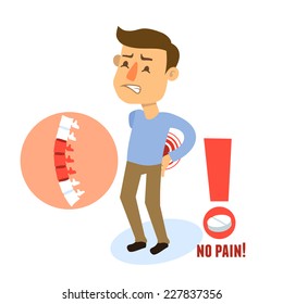 Sick back pain male person character with pill vector illustration