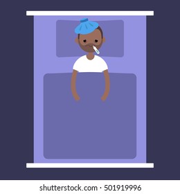 Sick black man lying under the blanket with ice pack on head and thermometer in mouth / flat editable vector illustration