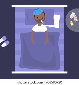 Sick black man lying under the blanket with an ice pack on his head and thermometer in the mouth / flat editable vector illustration