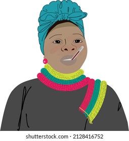 A sick black woman showing influenza symptoms, red nose, watery eyes and fever. She is wearing a colorful scarf on her neck and thermometer in her mouth.  Cartoon vector illustration.