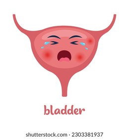 Sick bladder with pain ache or disease. Sad cartoon character bladder, body organ injured or unhealthy. Human cartoon anatomy, kids medicine. Vector illustration