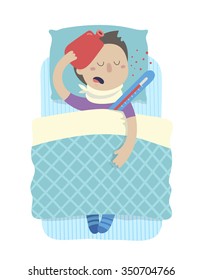 Sick boy in bed with high fever.  Vector illustration. Isolated on transparent background