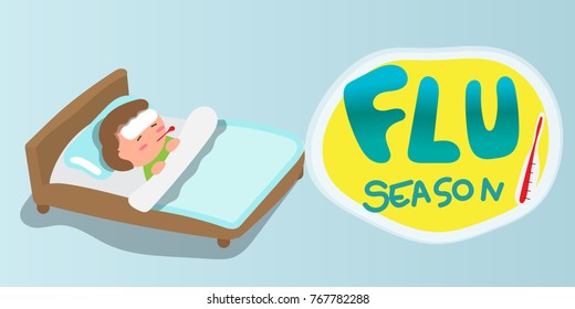 Sick Boy In Bed With High Fever.flu Season Vector Concpet 