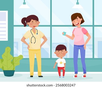 Sick Boy with Chickenpox at Doctor Appointment Feel Unwell and Unhealthy Vector Illustration