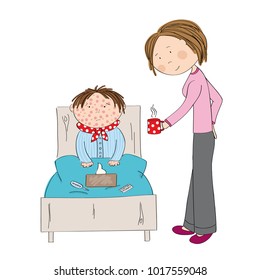 Sick boy with chickenpox, measles, rubeola or skin rash sitting in the bed with medicine, thermometer and paper handkerchiefs on the blanket, mum bringing him cup of hot tea - hand drawn illustration