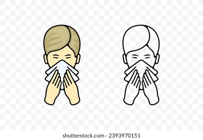 Sick boy or child blowing her nose or sneezing into handkerchief, graphic design. Disease, illness, sickness, virus and treatment, vector design and illustration