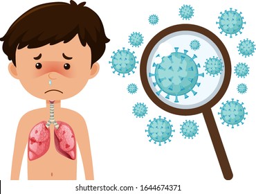 Sick boy from coronavirus with zoom up cells illustration