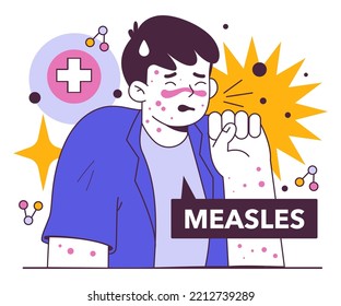 Sick boy covered in red spots on body struggle with measles. Unhealthy child with malaise and cough. Infectious disease symptoms. Flat vector illustration.