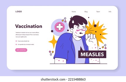 Sick boy covered in red spots on body struggle with measles. Unhealthy child with malaise and cough. Infectious disease symptoms. Flat vector illustration.