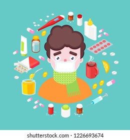 Sick boy with different drugs and medicaments on green background