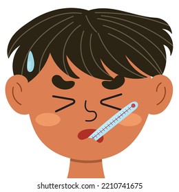 Cara de chico enfermo con un termómetro en la boca. Niño enfermo con fiebre. Emoción de enfermedad. La expresión emocional se acerca. Ilustración vectorial de concepto