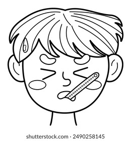 Sick boy face with a thermometer in his mouth in black and white. Ill little kid with fever clipart in outline. Illness emotion. Feeling concept vector illustration
