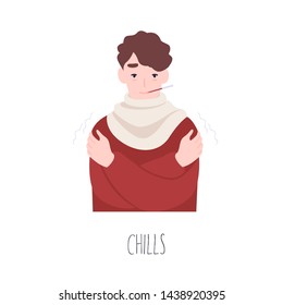 Sick boy feeling chills or shakes. Cute man suffering from fever, influenza. Sad guy measuring body temperature. Symptom of common cold, viral infectious disease. Flat cartoon vector illustration.