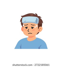 Niño enfermo con fiebre y compresa fría en la cabeza Ilustración vectorial plana