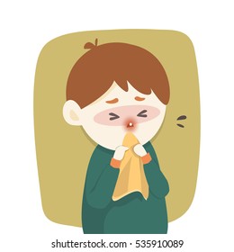 Sick boy has runny nose, caught cold. sneezing into Tissue, flu, Allergy season, Vector illustration.