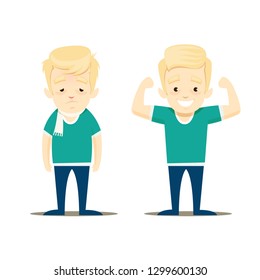 A sick boy and a healthy boy stand next to each other. Vector illustration.