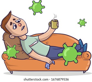 Sick boy lying in bed flat with viruses flying around him. Child with viral disease cartoon character. Coronavirus world outbreak, qurantine. Flat vector illustration, isolated on white background.