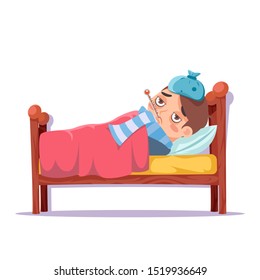 Menino doente deitado na cama doente gripe fria doença vírus desenhos animados personagem masculino vetor design ilustração