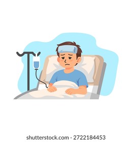 Niño enfermo acostado en la cama con goteo intravenoso y fiebre Comprimir frío Ilustración vectorial plana