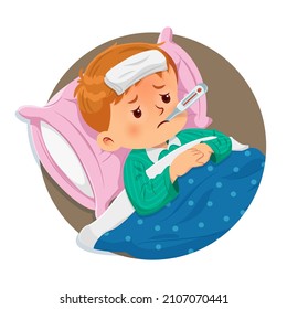 Sick boy resting on the bed with a thermometer in his mouth and high fever. Vector illustration