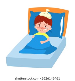 Sick boy resting on the bed with a thermometer in his mouth and high fever vector illustration