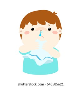 Sick boy runny nose vector illustration.