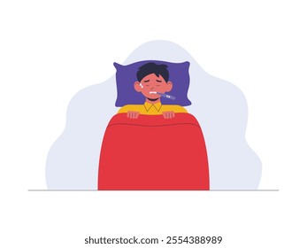 Sick boy sleeping under thick blanket, biting thermometer in his mouth to measure body temperature, his face pale and sweaty, health problem vector illustration.