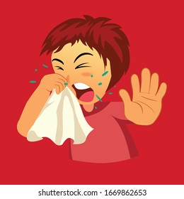 Sick boy Sneezing and Coughing. Covid 19, Corona virus symptoms info graphic. Flat style vector illustration isolated on red background. Prevention against Virus and Infection concept.