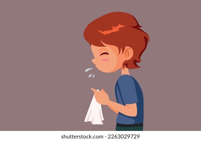 
Sick Boy Sneezing Feeling Sick or Allergic Vector Illustration. Little child feeling sick infected with a flu viral condition 
