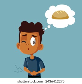 
Sick Boy Suffering from Celiac Disease Vector Character Illustration. Child with painful tummy ache after eating gluten products
