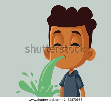 
Sick Boy Vomiting Feeling Nauseated Vector Character. Unwell kid suffering from nausea and indigestion 
