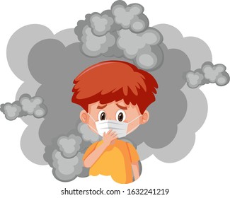 Sick boy wearing mask with dirty smoke in the back illustration