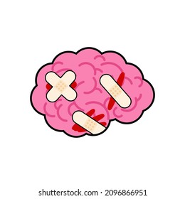 Sick brain with bandages. Wounded brains with plaster