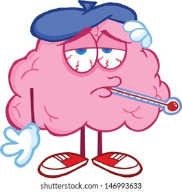 Sick Brain Cartoon Character With Thermometer. Vector Illustration