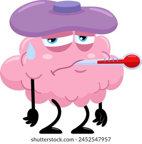 Sick Brain Cartoon Character With Thermometer. Vector Illustration Flat Design Isolated On Transparent Background