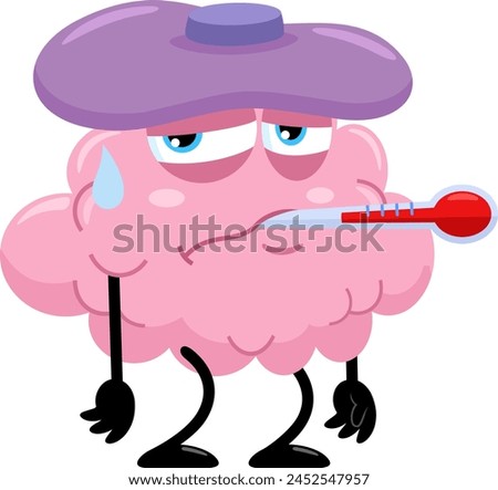 Sick Brain Cartoon Character With Thermometer. Vector Illustration Flat Design Isolated On Transparent Background