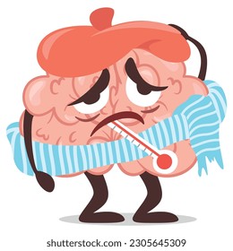 Sick brain with grippe influenza symptoms measuring temperature with thermometer in mouth vector flat illustration. Human internal organ cartoon character with headache viral infection flu illness