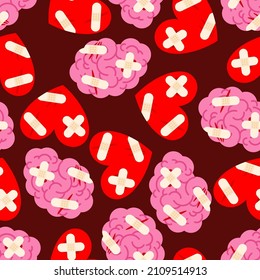 Sick brain and heart with bandages pattern seamless. Wounded brains with plaster background