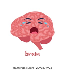 Sick brain with pain ache or disease. Sad cartoon character brain, body organ injured or unhealthy. Human cartoon anatomy, kids medicine. Vector illustration