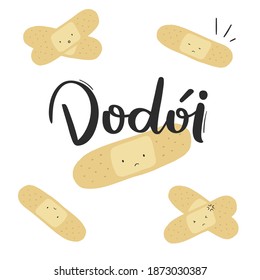 Dodói. Enfermo. Caligrafía portuguesa brasileña para la enfermedad con dibujo curativo. Vector.