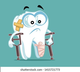 Sick Broken Tooth in Crutches. Chipped molar cartoon vector character
