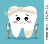 Sick broken tooth in crutches cute funny cartoon character. Dental health problem.