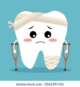 Sick broken tooth in crutches cute funny cartoon character. Dental health problem.